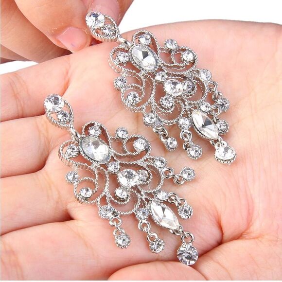 Silver with White Diamond Austrian Crystal Banquet Chandelier Post Back Earrings - Picture 3 of 5